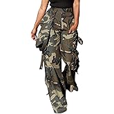 Vakkest Women's Camo Cargo High Waist Pants Elastic Waist Straight Wide Leg Camouflage Trousers Multiple Pockets