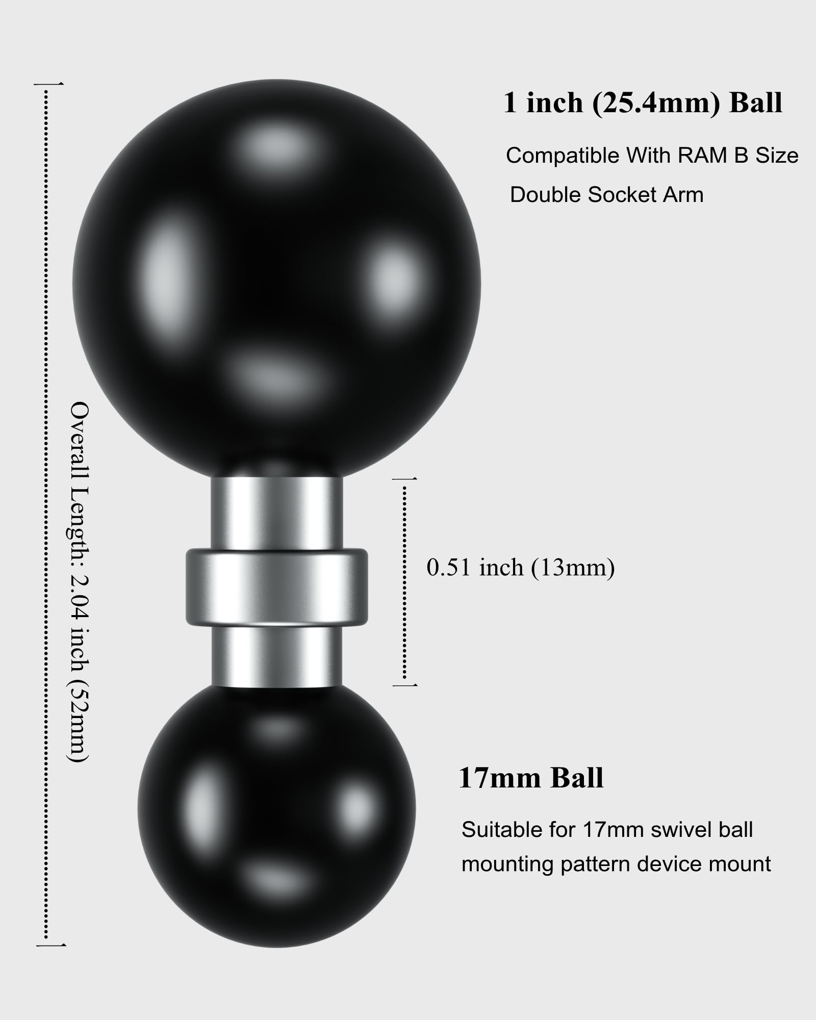 BRCOVAN 1'' to 17mm Ball Adapter, Compatible with RAM Mounts B Size Double Socket Arm, Suitable for 17mm Swivel Ball Mounting Pattern Device Mounts
