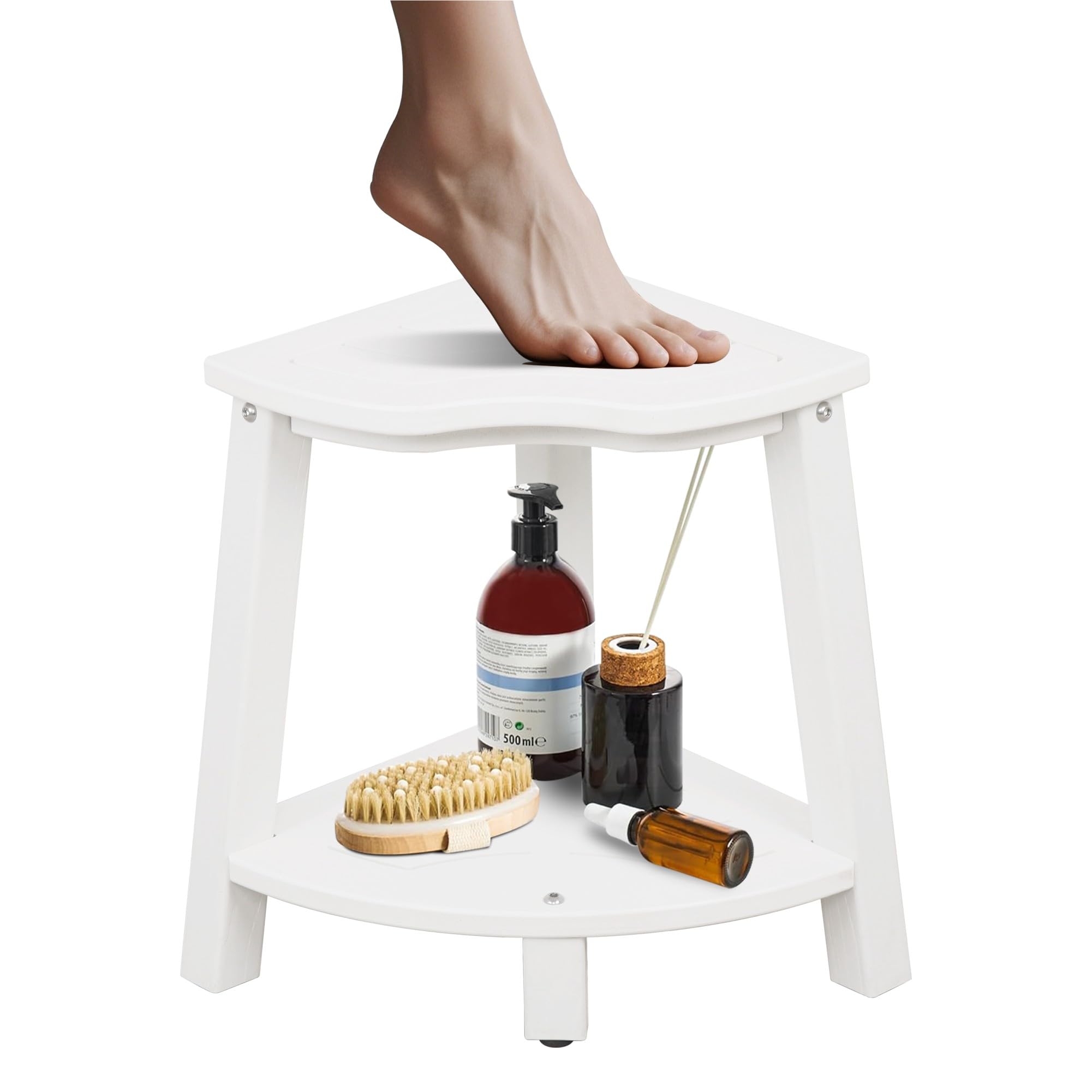 Photo 1 of ISYIESA Corner Shower Bench,Plastic Stool for Shower Waterproof?Rot-Resistant,Shower Stool for Shaving Legs,Shower Benches for Inside Shower,Shower Bench Seat with Storage (White, 11.8 * 18.9 * 16.7)