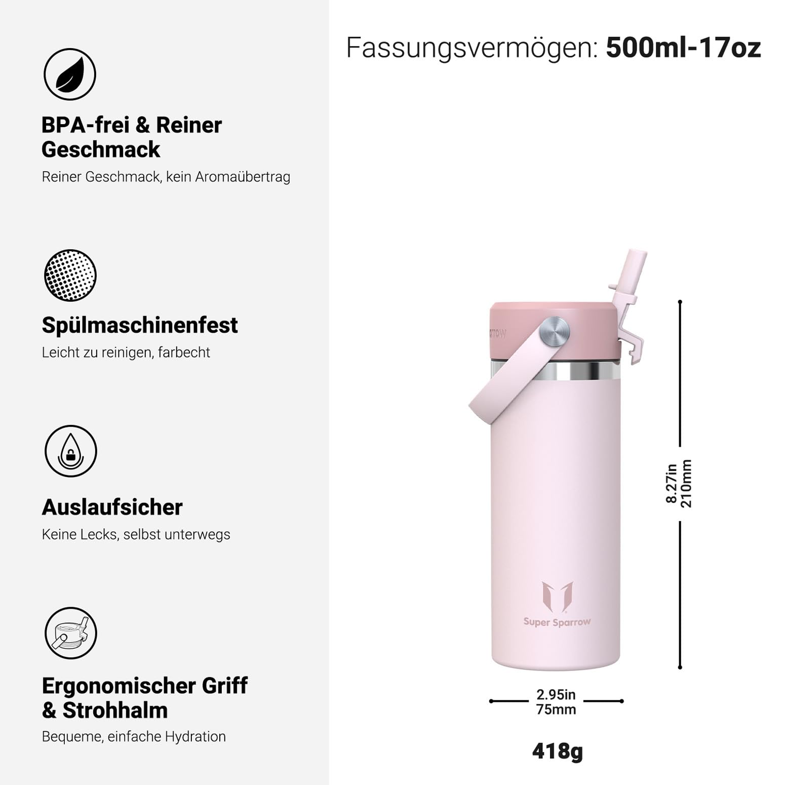 Sparrow Trinkflasche Edelstahl 500ml - Weiter Öffnung SwivelSip Thermosflasche mit Strohhalm - BPA-frei, Auslaufsicher Trinkflaschen - Thermoskanne für Kinder, Sport, Reisen, Outdoor 3