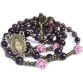 Catholic Heirlooms Purple Amethyst Stone and Lavender Rose Rosary Beads for Women with Miraculous Medal Centerpiece - Catholic Gifts for Women