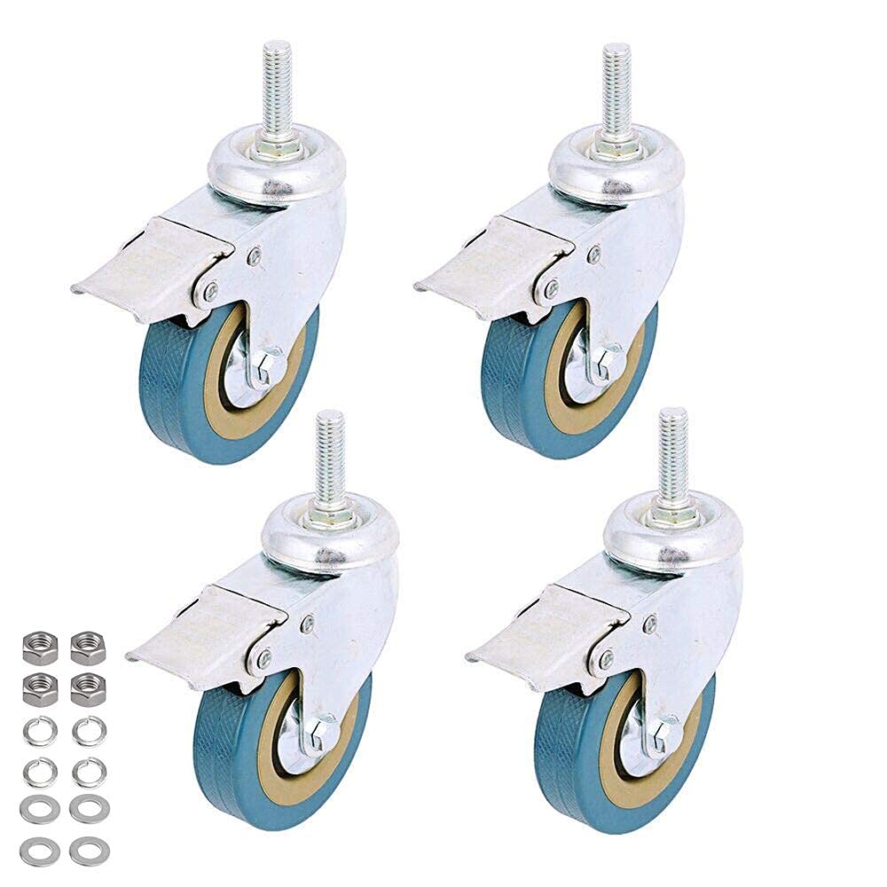 4 Pack, WeFoonLo Locking Threaded Stem Mount Swivel Caster Rotation Non-Marking Polyurethane Castor Wheel and Brake for trolley, Carts, Furniture, Dolly, Workben (Threaded Stem: M10x 30mm)