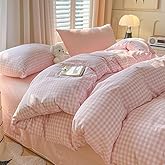 Nayoroom Gingham Duvet Cover Full Size Pink White Plaid Checkered Comforter Cover 3 Pcs Soft Breathable Washed Microfiber Grid Farmhouse Bedding Set with Pillow Shams