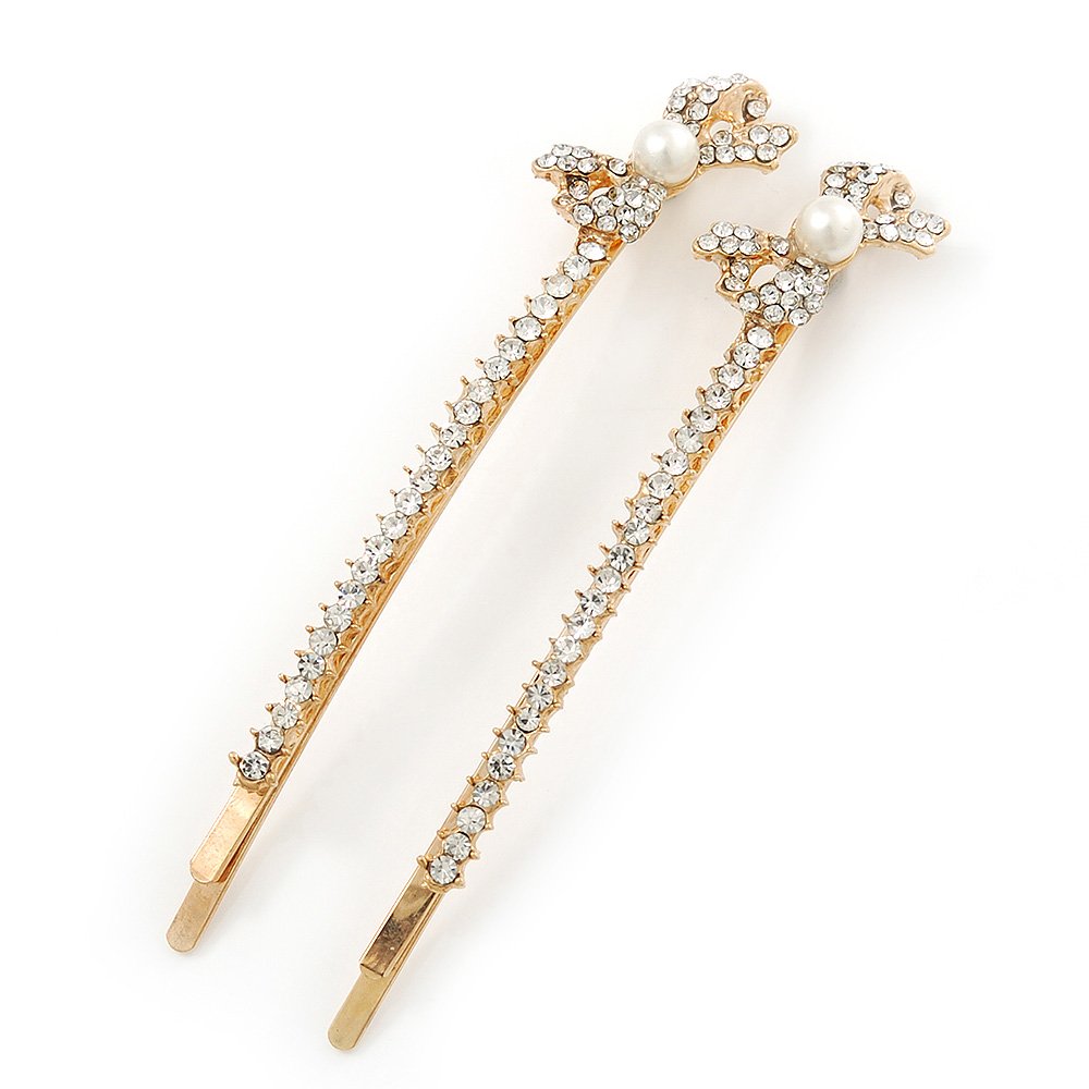 2 Bridal/Prom Long Crystal, Simulated Pearl 'Bow' Hair Grips/Slides In Gold Plating - 85mm Across