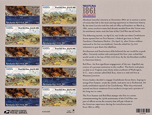 Civil War 1861: Fort Sumter and First Bull Run, Sheet of 12 x Forever Postage Stamps, USA 2011, Scott 4522-23