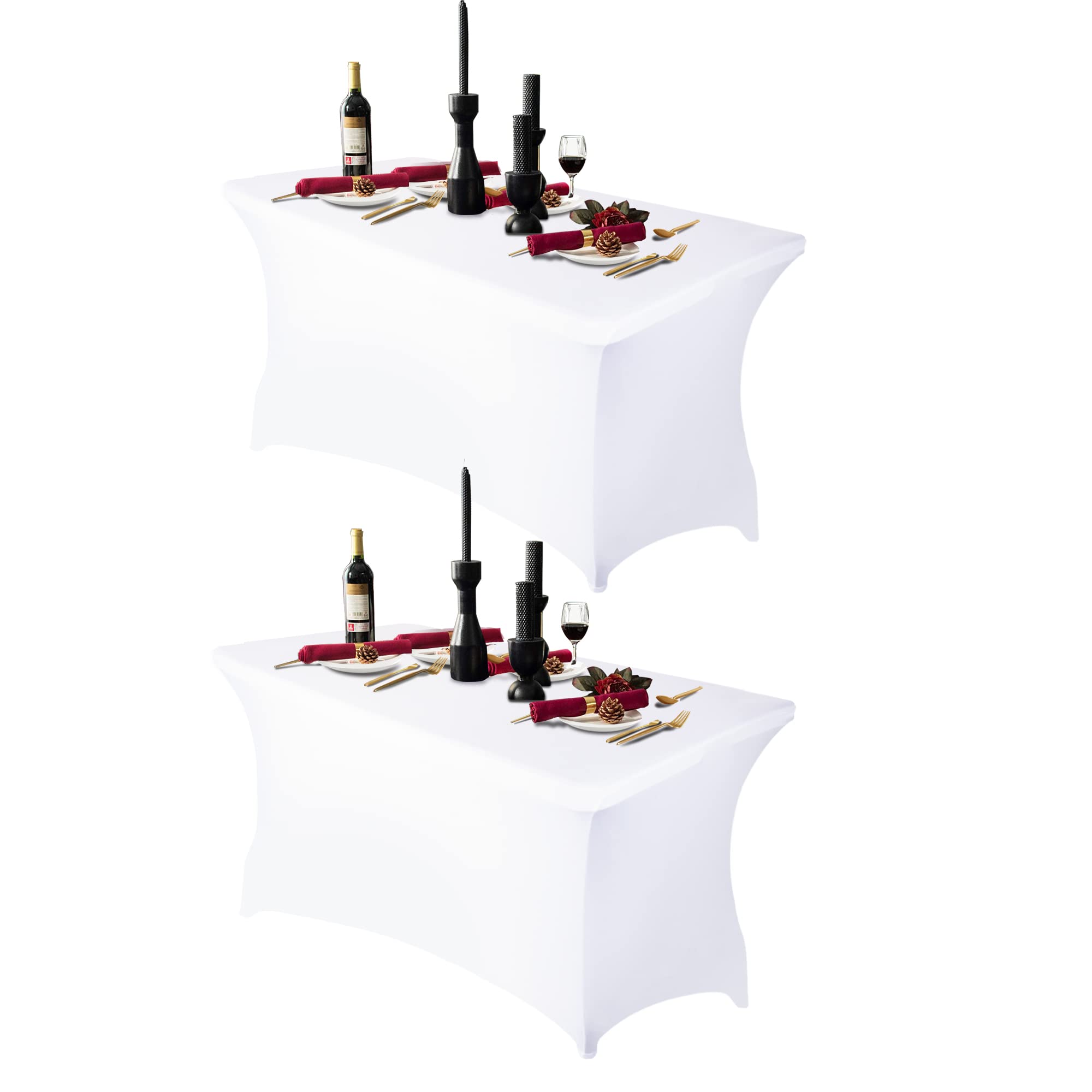 Ocves 4ft Tablecloth Stretchable Rectangular Spandex Tablecloth, Washable Stretch Table Cover Fitted for 4FT Folding Tables, Beauty Event, Wedding, Kitchen, Exhibitions Decoration (White 2Pack)
