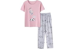 CYCHELRY Big Girls Cute Pajama Set Cartoon Print Short Sleeve and Long Pants Pink Jammies Set for Size 6-16