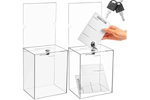 Sweetude 2 Pack Acrylic Donation Box with Lock Tall Tip Jars 8.2 x 6.7 x 5 In Suggestion Ballot Box with Sign Holder Large Locking Raffle Voting Container for Fundraising Ticket Collection(Clear)