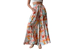 YOCUR Women Summer Beach Vacation Pants High Waisted Wide Leg Pants Printed Loose Flowy Casual Palazzo Lounge Trousers