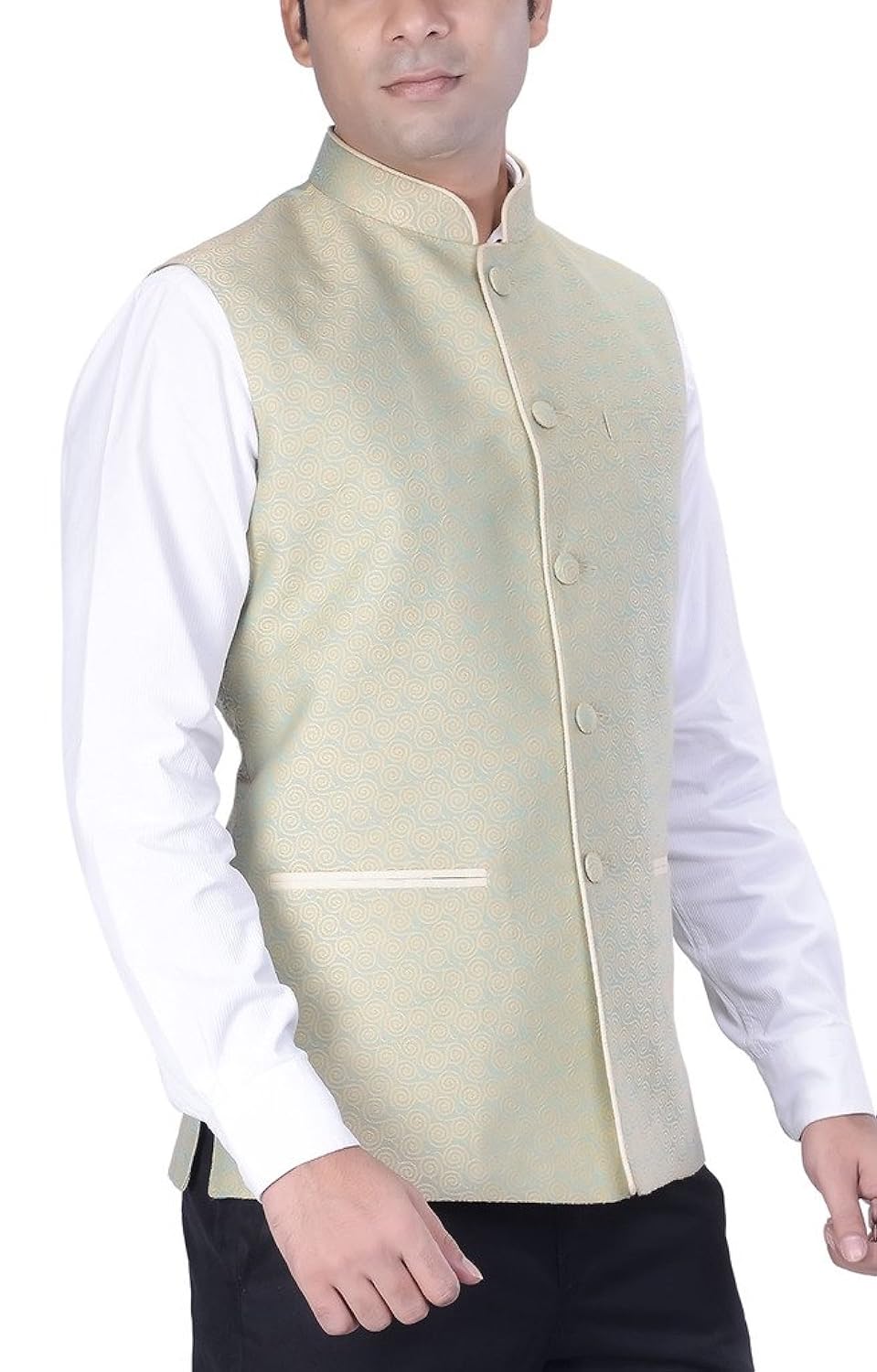 kisah men's woven cotton silk green nehru jacket