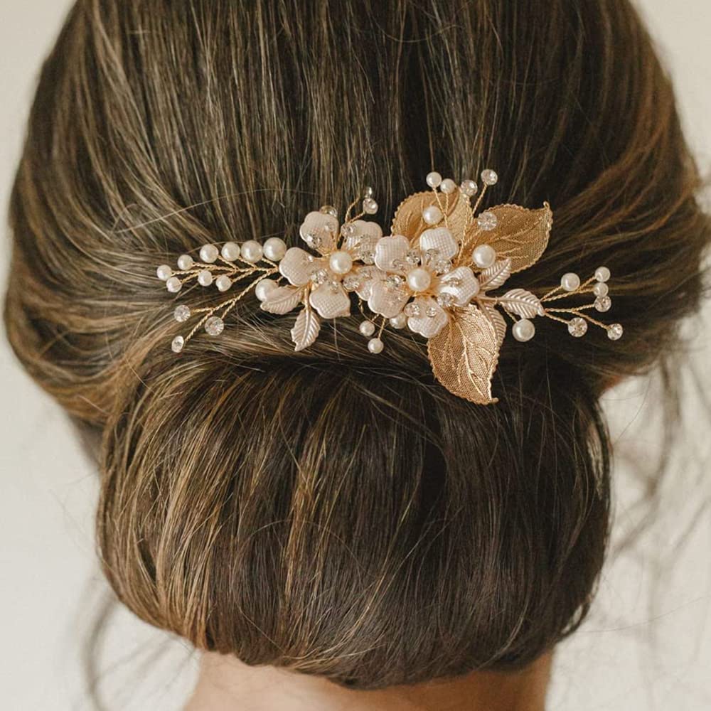 ISLHJDD Gold Wedding Hair Clip - Gold Fascinators for Weddings - Pearl Hair Pins | Flower Bridal Hair Accessories for Women, Girl (Golden A)