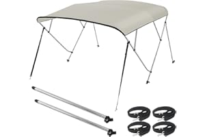Seamander 3 Bow Bimini Top Boat Cover Sun Shade Boat Canopy Waterproof 1 Inch Aluminum Frame with Rear Support Pole and Storage Boot (Beige, 4 Bow 8'L x 54" H x 85"-90" W)