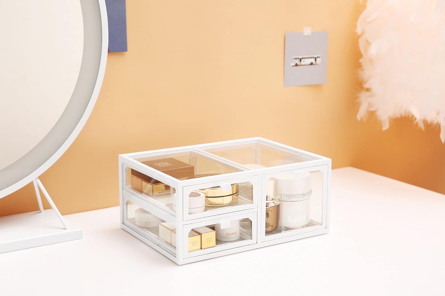 MOOCHI White Vintage Glass Cosmetic Makeup Organizer 3 Drawers Set Dust Waterproof Cosmetics Storage Display Case Countertop for Brushes Lipsticks Jewelry: Beauty