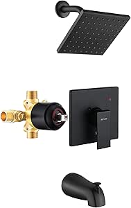 Esnbia Shower Tub Kit, Tub and Shower Faucet Set（Valve Included) with 6-Inch Rain Shower Head and Tub Spout, Single-Handle Tub and Shower Trim Kit, Matte Black