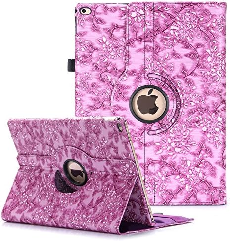 Rhino Cases iPad Pro 12.9 inch Case (1st Generation, 2015 Model A1584/A1652), PU Leather 360 Rotating Cover Stand with Strap and Auto Wake/Sleep, Apple Pencil Holder, Flower Purple