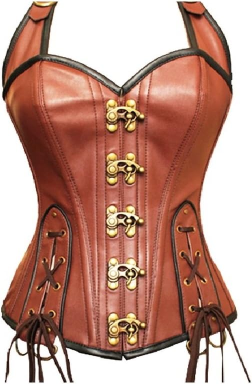 Sexy Brown Real Leather Lacing Design Steampunk Bustier Overbust Corset Costume