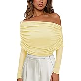 Women's Sexy Mesh Long Sleeve Top for Women Off Shoulder Sheer Ruched Going Out Tops Cocktail Party Outfits