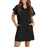 Fisoew Womens Summer T Shirt Mini Dress Short Sleeve Collared V Neck Button Loose Active Dresses with Pockets