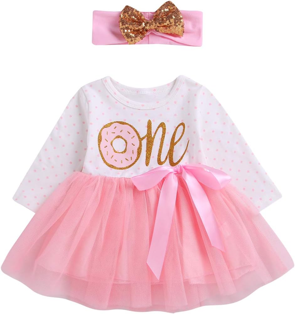 2Pcs Baby Girls One 1st Birthday Dress Sleeveless Doughnut Tutu Dresses Floral Lace Skirt Headband Outfit
