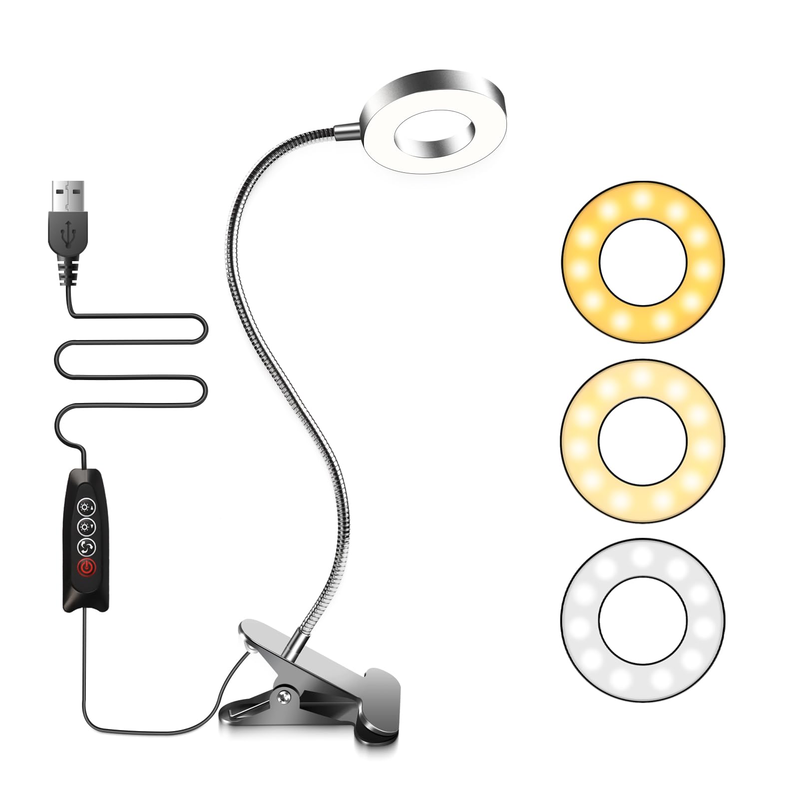 Akynite 7W Clip On Ring Light with USB Cable, 3 Colour Changing & 10 Brightness, 48 LED Gooseneck Bed Light, Nail Art Ring Lamp Clip on Desk, Flexible Desk Beauty Lamp, Silver — image 1