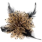 Elegant Fabric Leopard Print Flower Pearl Black Feather Brooch Lapel Pins Handmade Organza Floral Brooches Pin for Women Wedding Dress Suit Party Banquet Clothes Accessories Fashion Jewelry 120mm