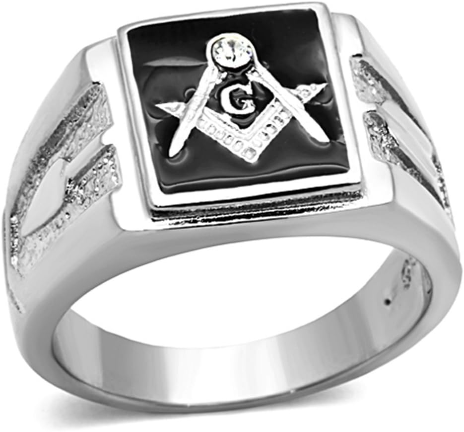 Marimor Jewelry Men's Stainless Steel 316 Crystal Masonic Lodge Freemason Ring Band Sz 8-13