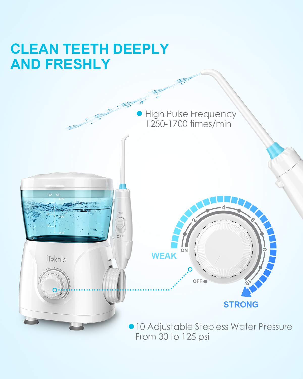 iTeknic Water Flosser for Braces Teeth Cleaning, 600ML Water Flosser Teeth Cleaner for Family, Bridges & Gum Care, Professional Electric Dental Oral Irrigator with 10 Water Pressure Levels, 7 Jet Tips: Beauty