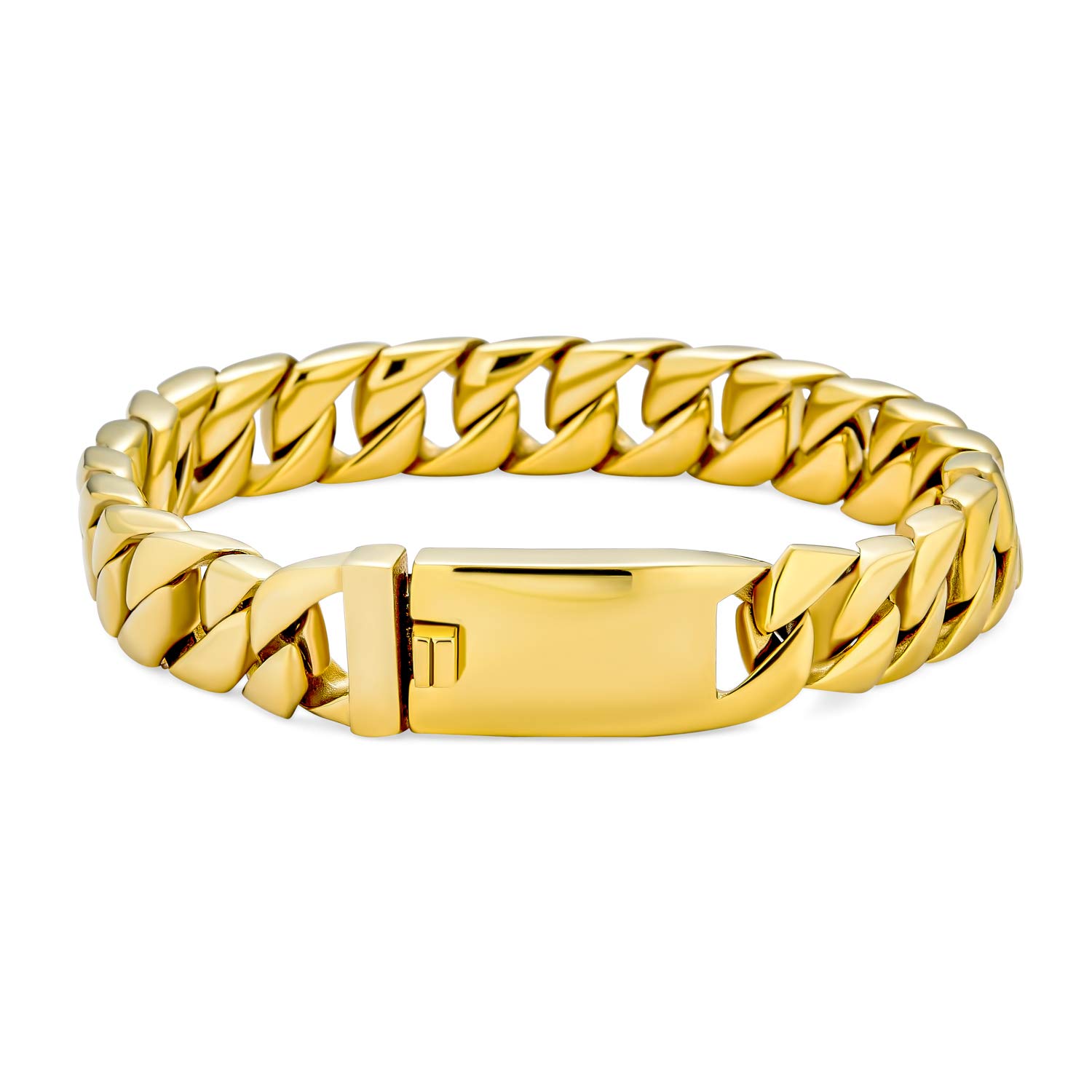 Bling Jewelry Heavy Solid Miami Curb Chain Link Bracelet Gold Plated Stainless Steel Men Teens 8.5 Inch 10MM