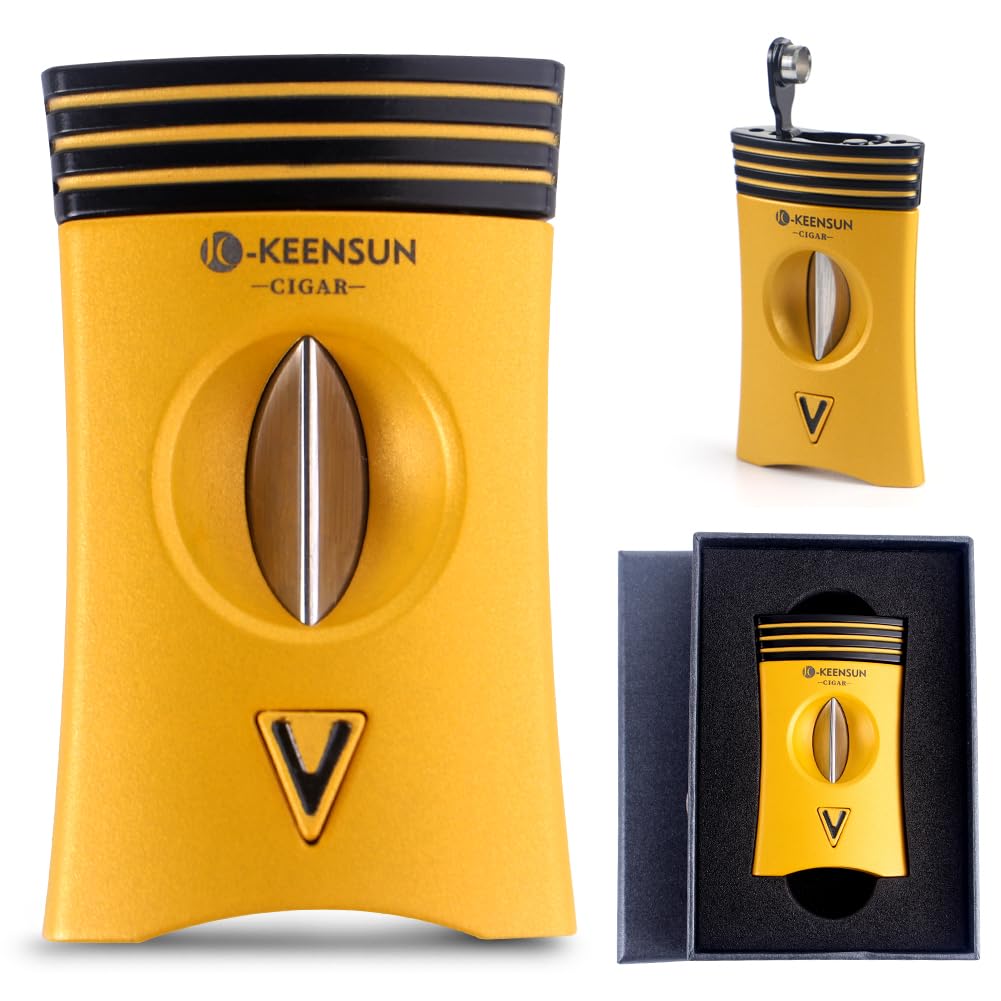 KEENSUN 3-in-1 Zinc Alloy V-Cut Cigar Cutter (Deep Yellow) with Cigar Holder on The Back and Cigar Punch at The Bottom, 60 Ring Gauge, 420J2 Stainless Steel Cut Blade in Gift Box