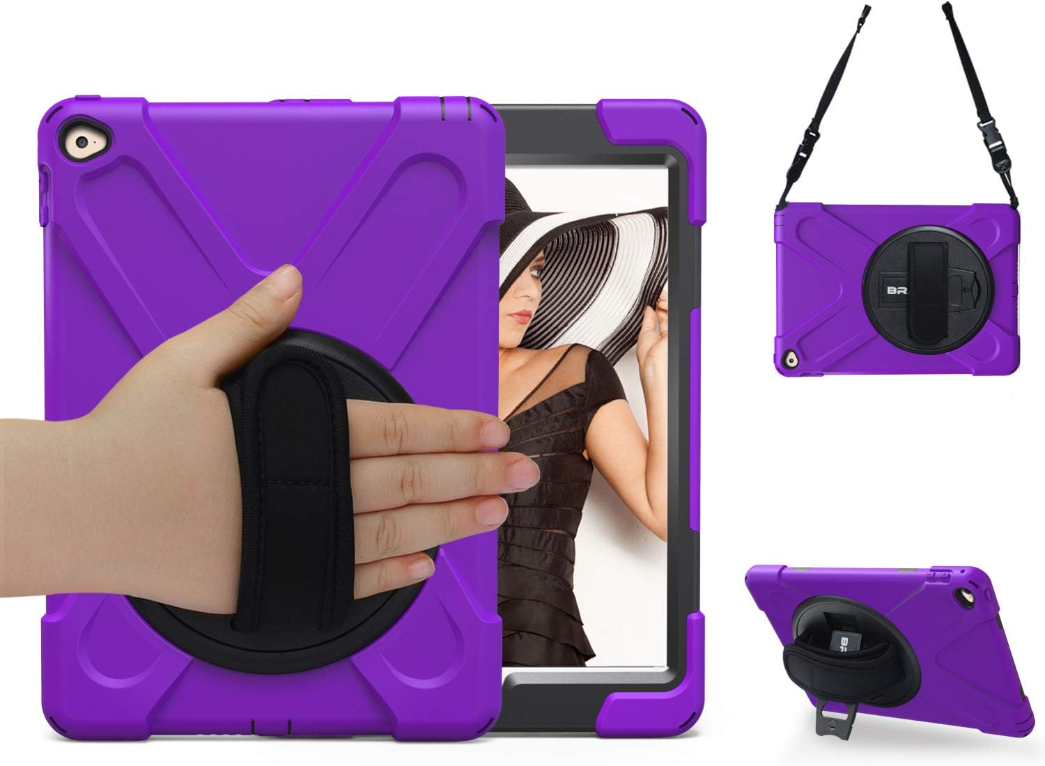 BRAECN iPad Air 2 Shockproof Case, Drop Protection Rugged Protective Heavy Duty iPad Case with 360 Degree Swivel Stand/Hand Strap and a Shoulder Strap for iPad Air 2 A1566/A1567 Case(Purple)