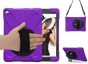 BRAECN iPad Air 2 Shockproof Case, Drop Protection Rugged Protective Heavy Duty iPad Case with 360 Degree Swivel Stand/Hand Strap and a Shoulder Strap for iPad Air 2 A1566/A1567 Case(Purple)
