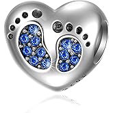 Footprint Heart Charm with October Birthstone for Pandora Mother Day Bracelets - 925 Sterling Silver Mom Love Daughter Pink Feet Beads