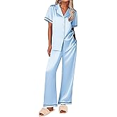 Ekouaer Women's Silk Pajamas Set Short Sleeve Satin Pjs 2 Piece Soft Loungewear with Pants Button Down Sleepwear