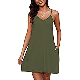 Marvmys Womens Cotton Sleeveless Nightgown Spaghetti Strap V Neck Full Slip Sleep Dress with Pockets