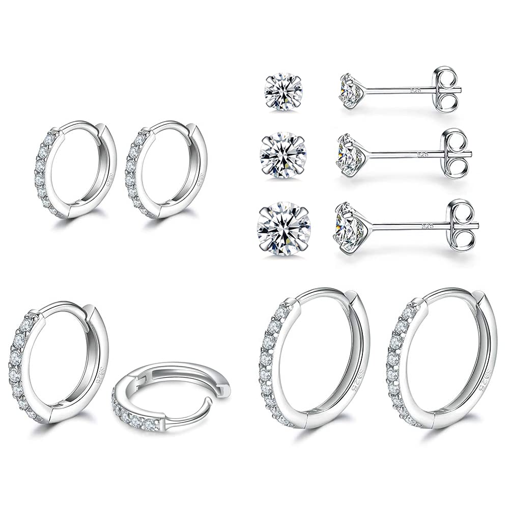 6 Pairs Silver Earrings for Women, Cubic Zirconia Sterling Silver Earrings Jewellery for Women, Hypoallergenic Cartilage Helix Tragus Earring, Hoop Stud Earrings Women