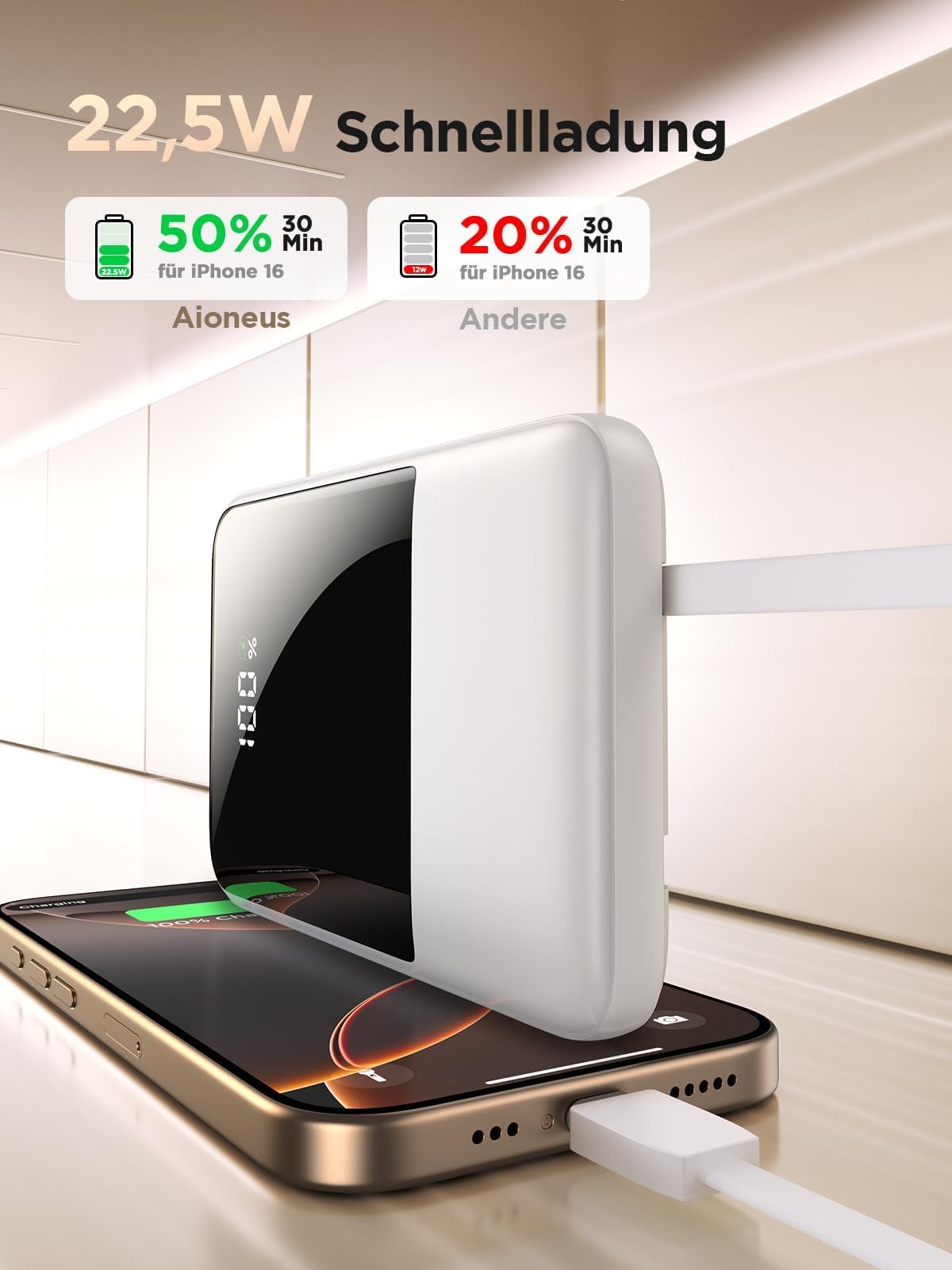 Aioneus Power Bank, Powerbank 10000mAh mit integrierte Kabel (USB-C + Lightning) - 22.5W PD Schnellladung Externe Handyakku für iPhone 17/16/15/14/13/12/11, Samsung Galaxy, iPad 3