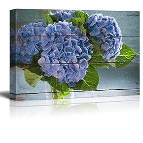 Purple Blossoms on Green Leaves - Rustic Floral Arrangements - Pastels Colorful Beautiful - Wood Grain Antique - Canvas Art Home Art - 12x18 inches