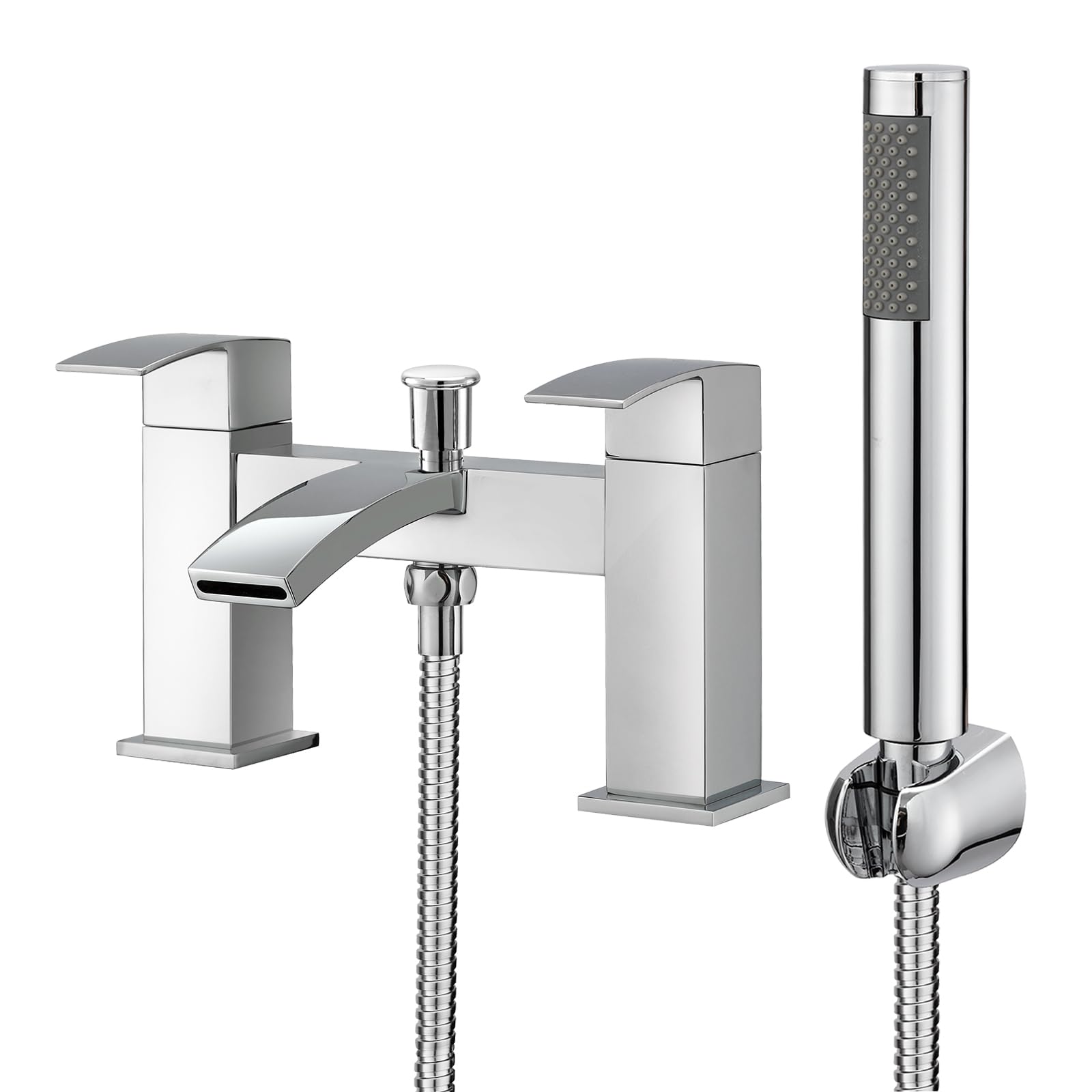 Square Waterfall Bathroom Taps, BATHWEST Bathroom Sink Taps with Shower Attachment, Chromed Brass Bath Taps with Shower 321CYJ