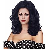 NJJYXH 16 Inches Black Wigs for Women Long Wavy Wig Synthetic Natural Shoulder Length Wig for 70s 80s Cosplay,Halloween,Daily Use