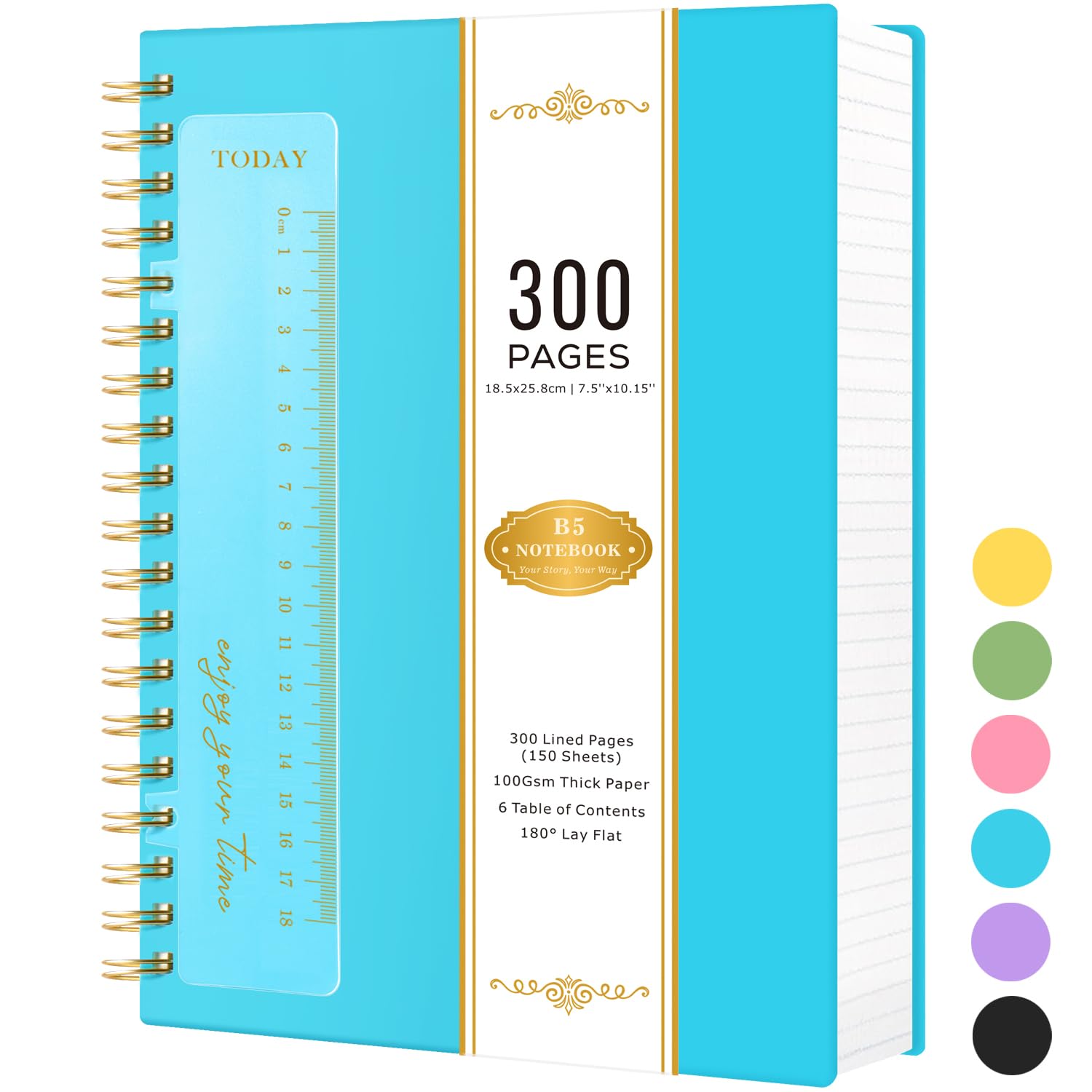 NIRMIRO B5 Notebook Notepad Lined, 18.5 x 25.8cm, Spiral Notebooks Wirebound Note Books for Women Men Work Writing, 300 Pages, 100 GSM Paper, No Bleed, PVC Waterproof Cover, Blue