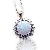 Opal Necklace Sterling Silver with Rose Gold Coated Diamond Halo Sunflower Pendant 10mm White Opal Jewelry Princess Diana Style