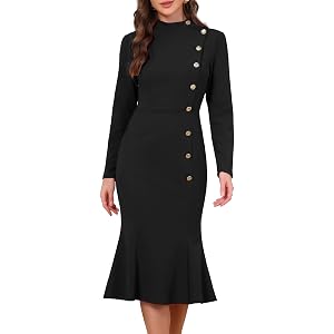 Allegra K Midi Fishtail Dress for Women Long Sleeve Stand Neck Button Decro Business Work Elegant Mermaid Bodycon Dresses