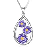 Shusukue Teardrop Aster Necklace 925 Sterling Silver September Birth Flower Pendant Floral Birthday Jewelry for Women
