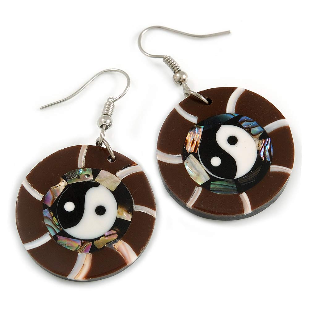 Round Brown Shell Yin Yang Drop Earrings/45mm Tall/Silver Tone Hook