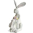 LIFFY Easter Bunnies Statue Home Decor - Charming Hand Painted Resin Rabbit Figurines with Flower, Pretty Spring Home Decor & Gift