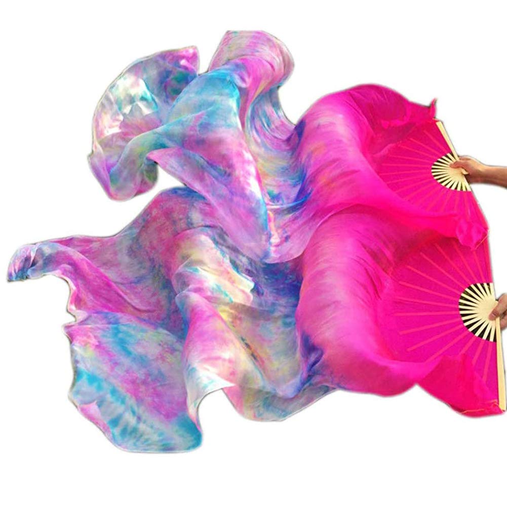 Leemiman Women 1.8 m Long Belly Dance 100% Silk Bamboo Fan Veils 1 Pair(L+R) (Rose tie dyed)