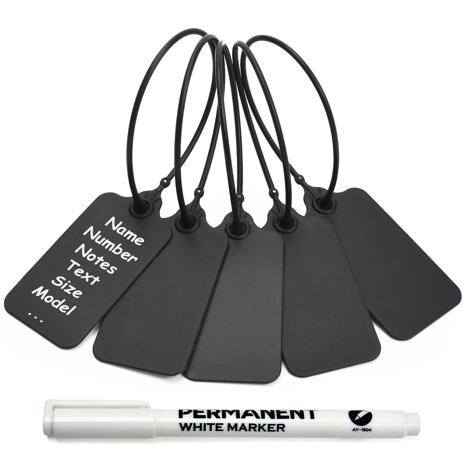Photo 1 of 50 Black Blank Plastic Tags for Labeling Waterproof Hanging Labels Writable Tags Seal Plastic Marking Label for Clothes Bags Keys Inventory with One Marker Pen