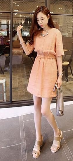 Amazon 着るだけでスタイルup カジュアル ミニワンピース フレア ひざ丈 半袖 麻 綿 コットン リネン 夏 ファッション 洋服 夏服 レディース 女性 ピンク ワンピース チュニック 通販