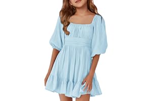 BATERMOON Girls Summer Dresses Square Neck Lantern Sleeve Tie Backless Ruffle A-Line Party Mini Dress