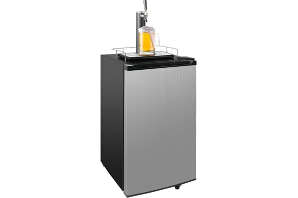 Fadidio Keg Beer Cooler - 3.4 Cu.Ft. Capacity Kegerator w/ 4 Casters, CO2 Cylinder, Temperature Control - Black & Stainless Steel Finish